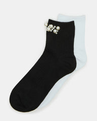 2 Pack Pearl Anklet Socks Black Multi