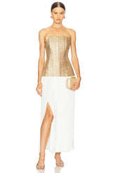 Strapless Straight Neck Sequin Dress W/ Plisse Skirt