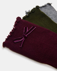 3 Pack Folly Velvet Bow Rib Crew Socks Cherry