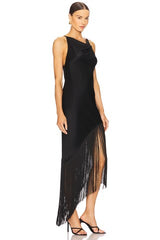 Satin Cowl Neck Fringe Dress