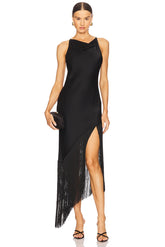 Satin Cowl Neck Fringe Dress
