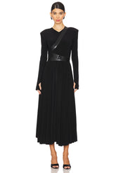 Long Sleeve Shoulder Pad V Neck Flared Dress