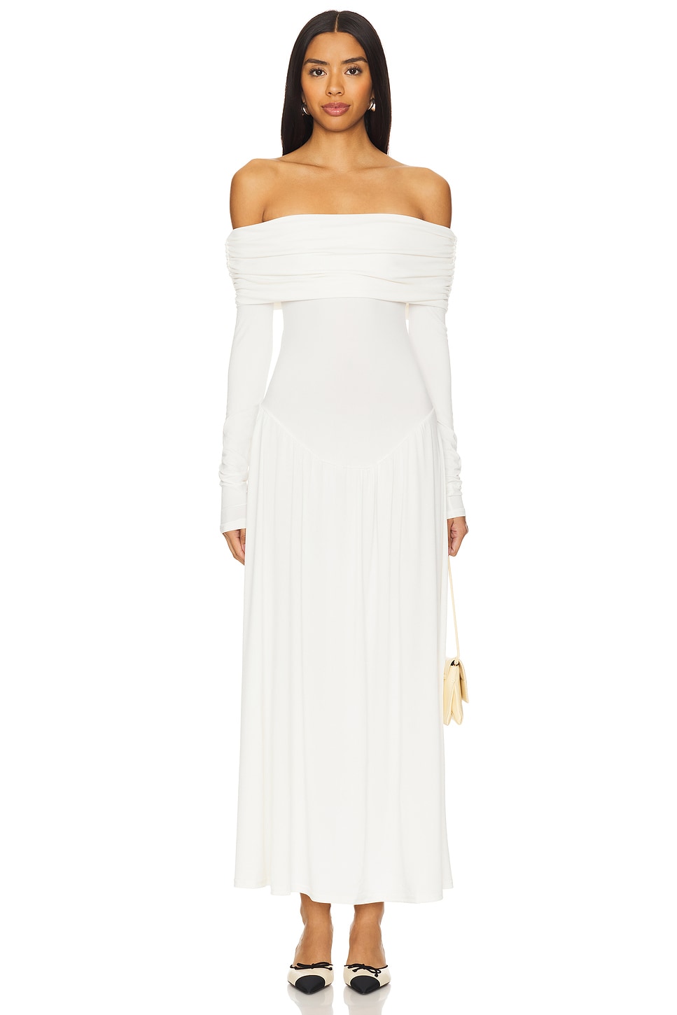 Off Shoulder Ruched Midi Dress