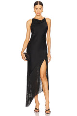 Satin Cowl Neck Fringe Dress