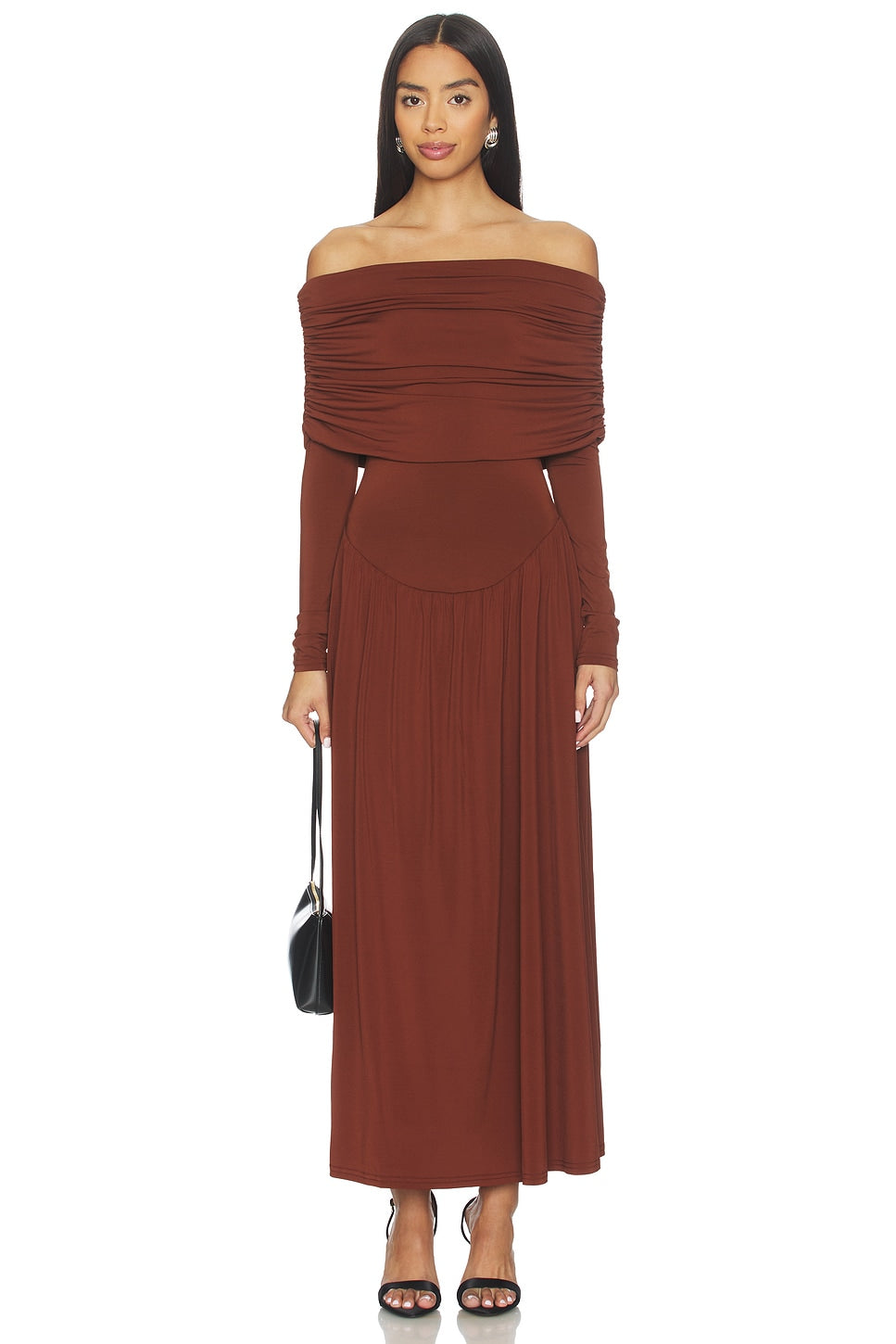 Off Shoulder Ruched Midi Dress