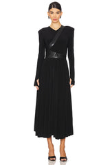 Long Sleeve Shoulder Pad V Neck Flared Dress