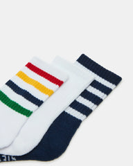 3 Pack Striped Crew Socks White Multi
