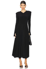 Long Sleeve Shoulder Pad V Neck Flared Dress