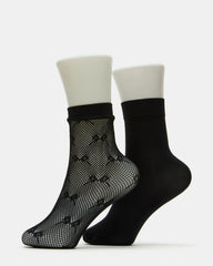 2 Pack Bow Fishnet Anklet Socks Black
