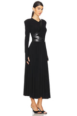 Long Sleeve Shoulder Pad V Neck Flared Dress